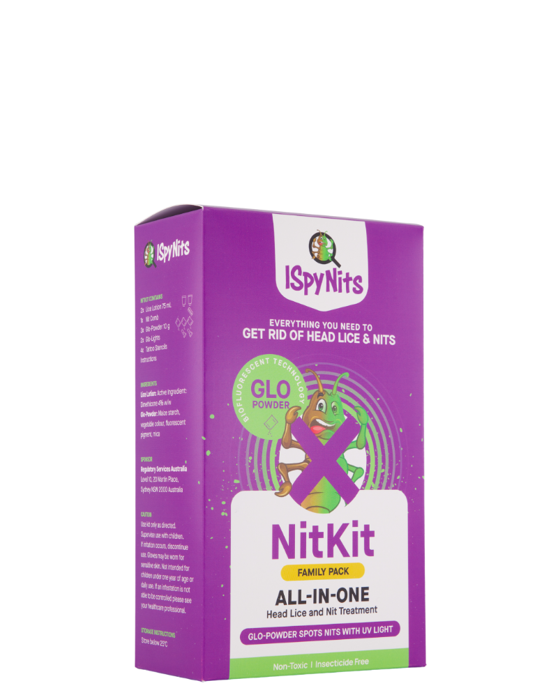 The ISpyNits Family NitKit — UV Glo-Powder, UV light, lice lotion and comb in one box
